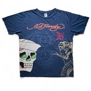 Ed Hardy Christian Audigier Skull Cobra Foil AOP T Shirt Y2K Streetwear Hype L